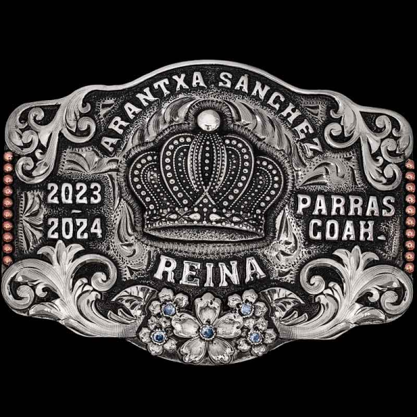 "The Riverton Belt Buckle is crafted with western elegance and class. It will make the perfect trophy for your rodeo or awards. Crafted on a hand-engraved, German Silver base with our signature antique finish. Detailed with German Silver scrolls, cop